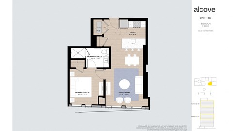 Floor plan for 1 bed, 1 bath, 668 sqft